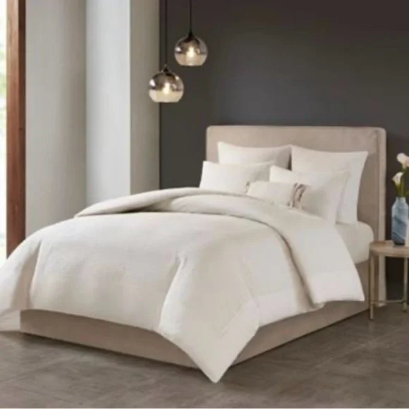 N Natori Hanae Cotton Blend Yarn Dyed Duvet Cover Set White - Full - Queen - Picture 1 of 6